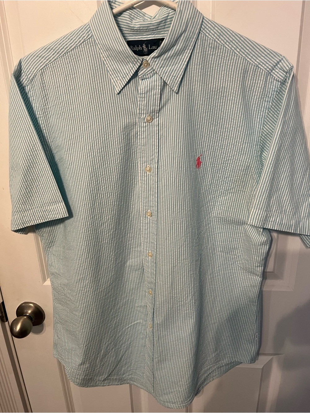 Ralph Lauren Mens short Sleeve shirt size medium. Aqua and white with pink logo